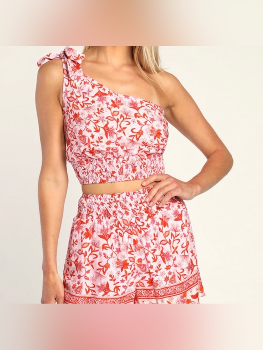 Lulu's Pink & Red One-Shoulder Floral Crop Top and shorts set NWT